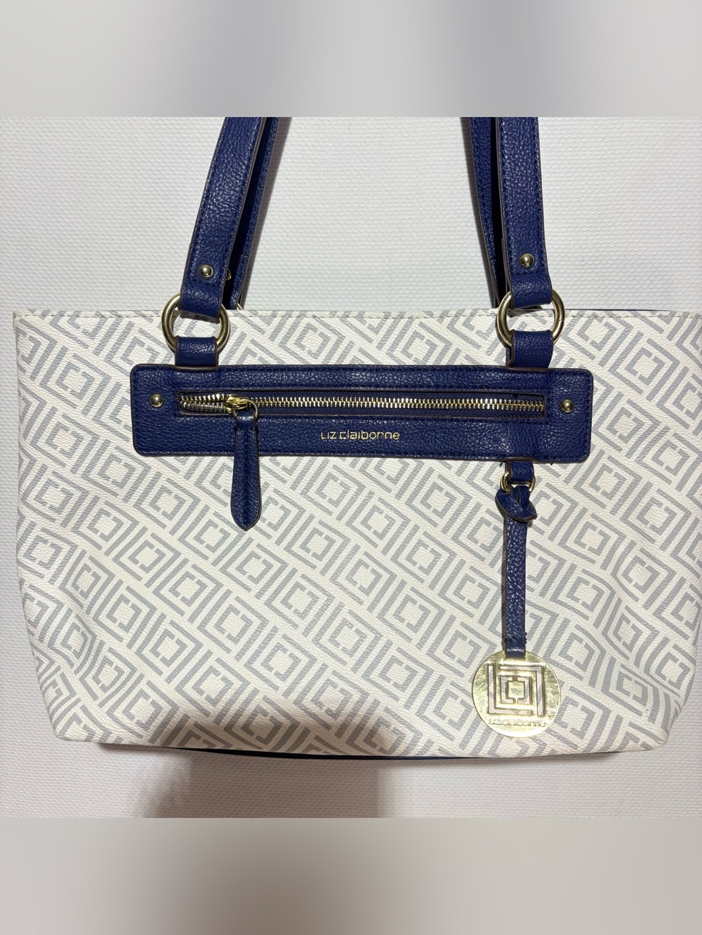 Liz Claiborne Navy and White Geometric Tote with Gold Accents